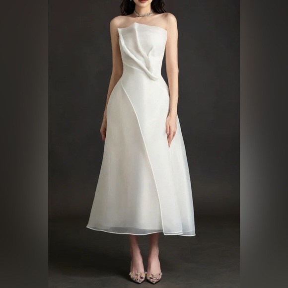 Poava Dresses & Skirts - Elegant Strapless White Midi Dress with Draped Bodice
